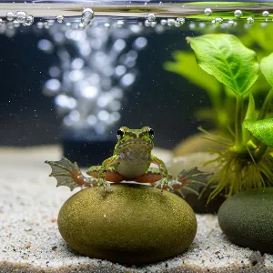 An african dwarf frog is standing on a stone in the fish tank.