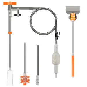 All parts of aquarium siphon vacuum cleaner kit with white background.