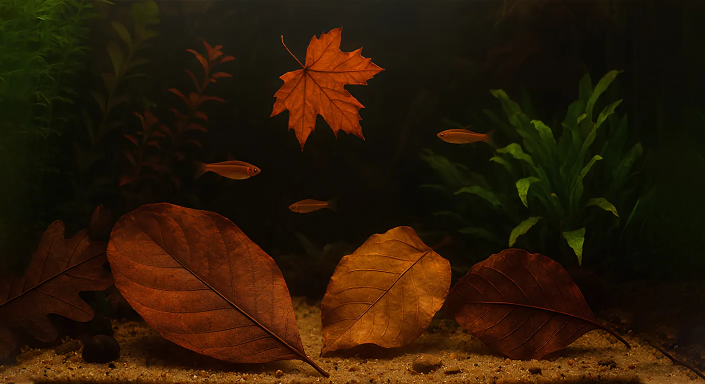 Fall leaves in a freshwater fish tank.