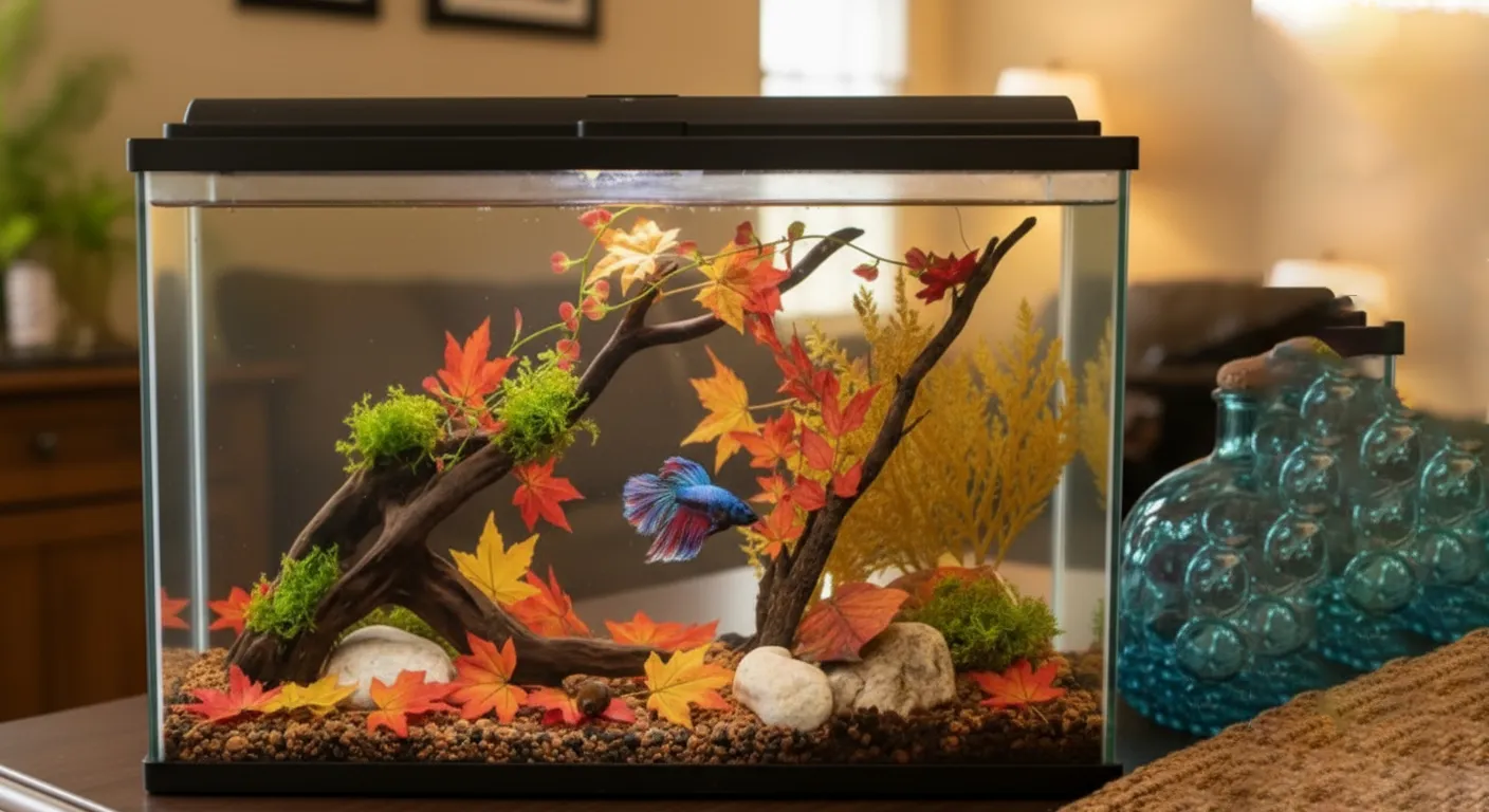 A fish tank decorated with fall leaves and fish swimming in it.
