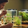 A man is caring for his nano tanks.