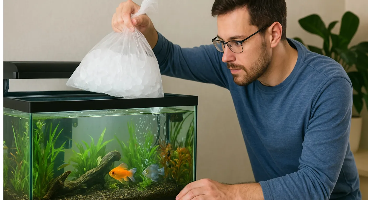 A man is putting an ice package to cool the fish tank.