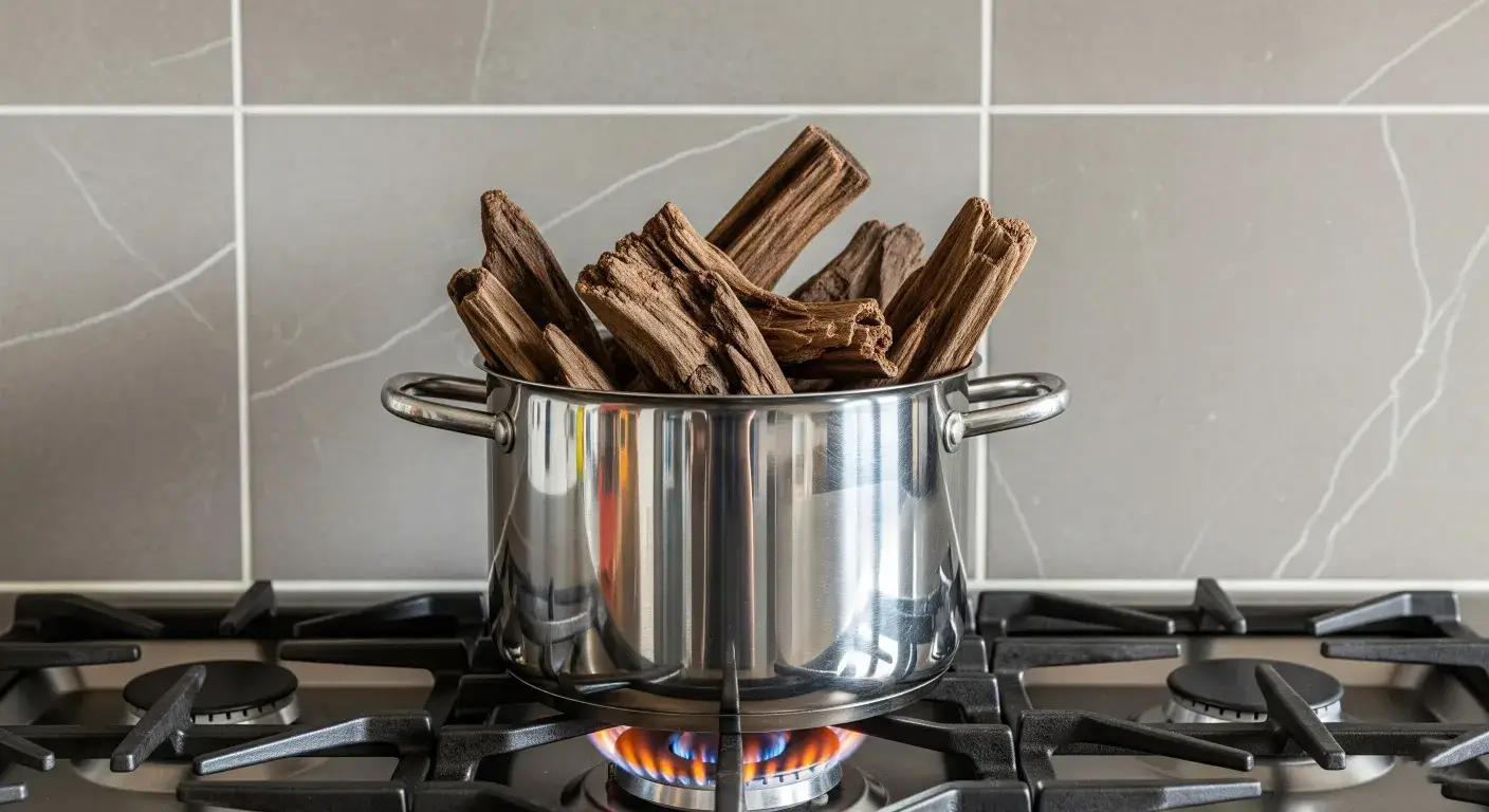 A pot is boiling the brown driftwood in the kitchen.