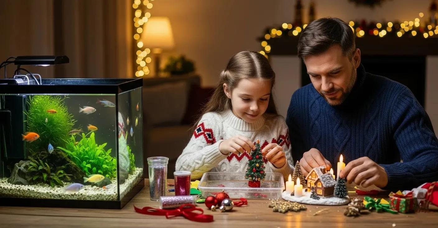 A father and a daughter is diy theri Chrtismas fish tank.