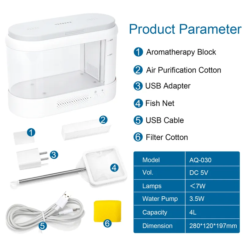 Shows detail parameters of AQQA Aquarium tank AQ030.