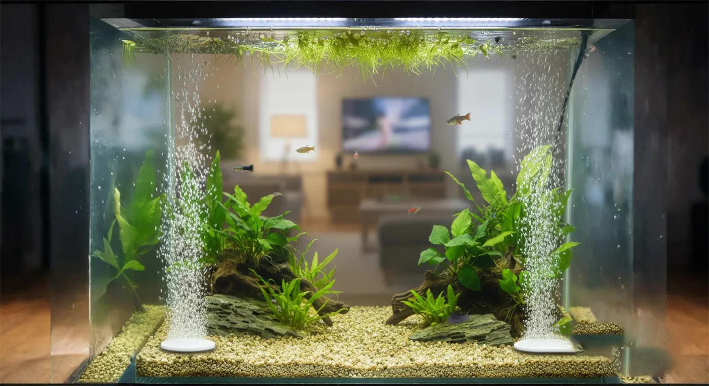 2 air stones are bubbling for a freshwater fish tank.