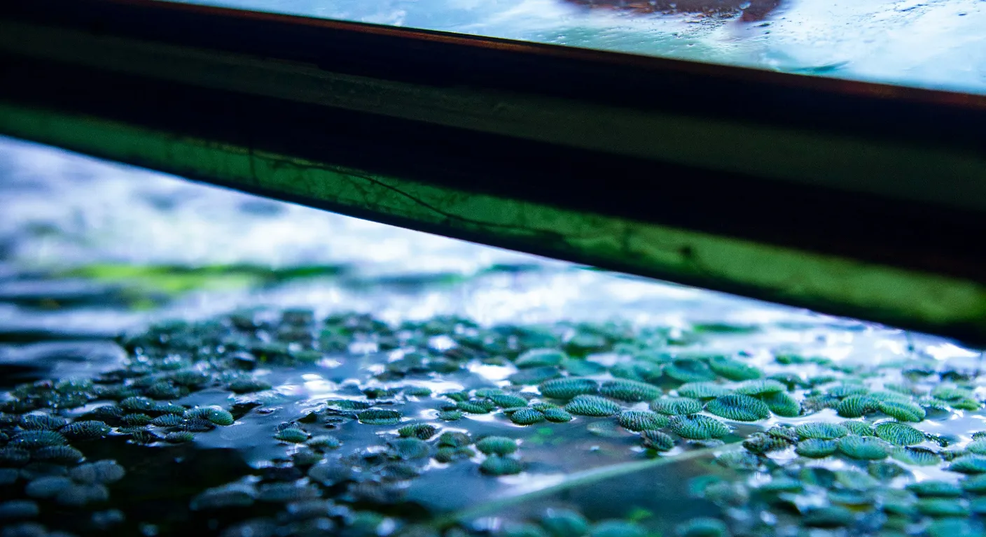 Duckweed is on the top of aquarium.