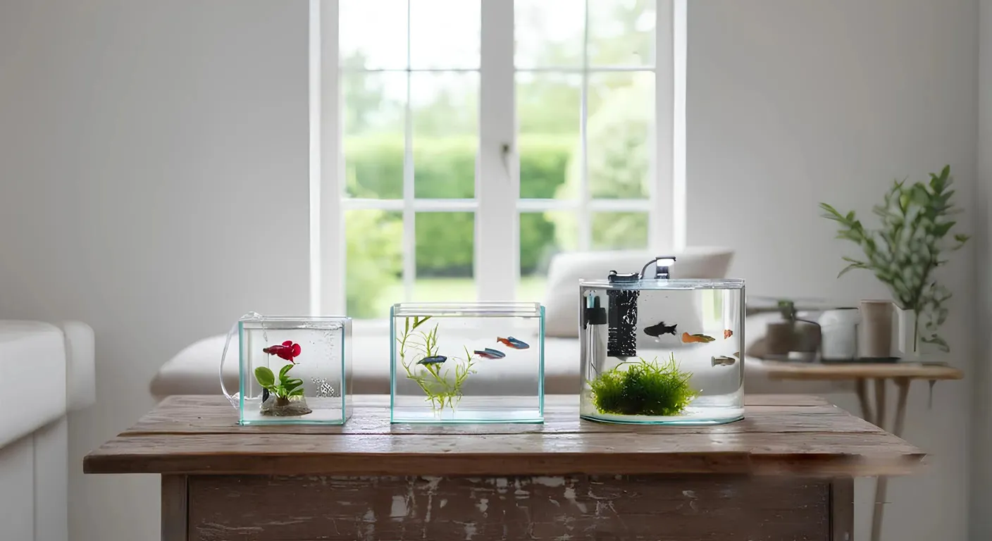 Different sizes of fish tanks on the table.
