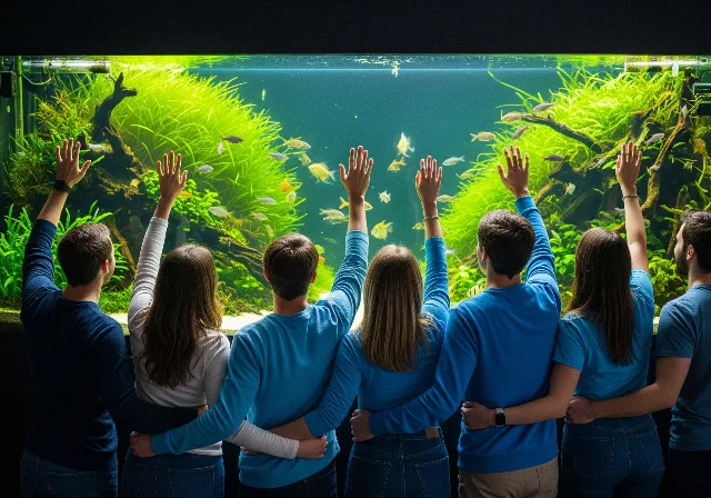 A group of people is standing in front of a large aquairum with fish and plants.