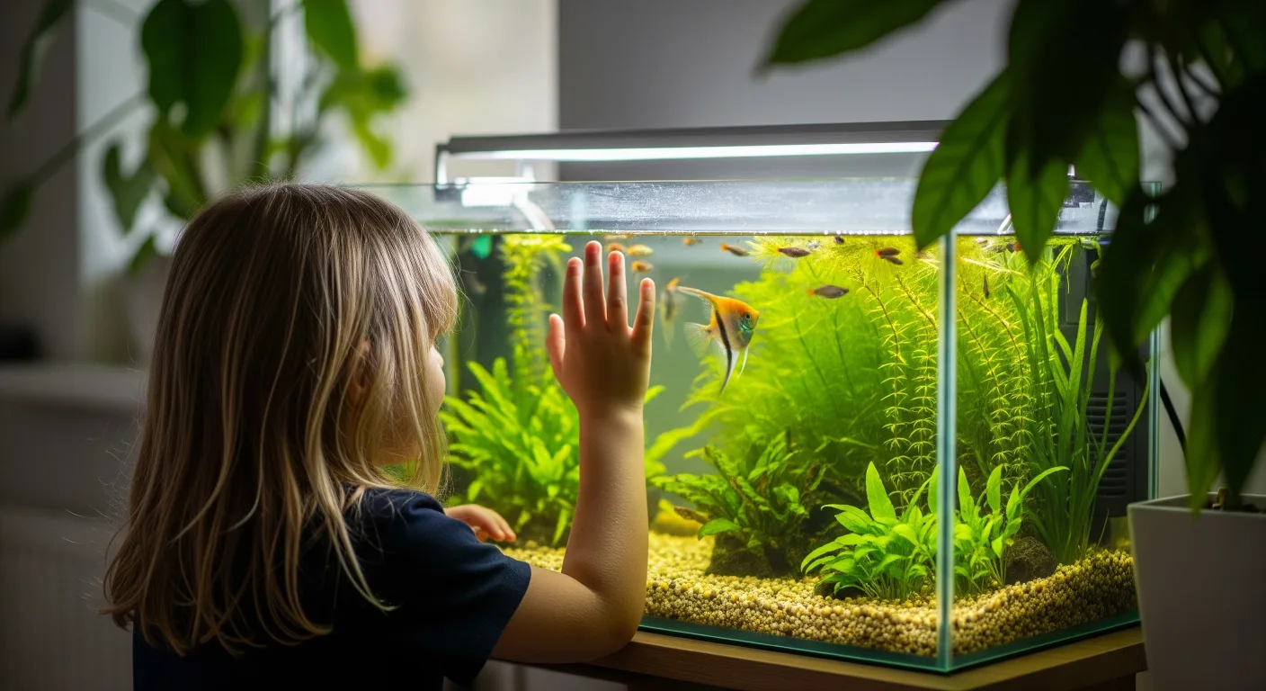 A little girl is watching a fish tank with a hand close to it.
