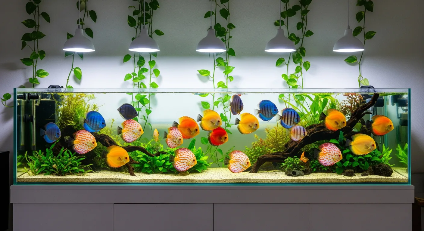 A rectangular fish tank with many angelfish swimming in it and a hanging light above the tank.