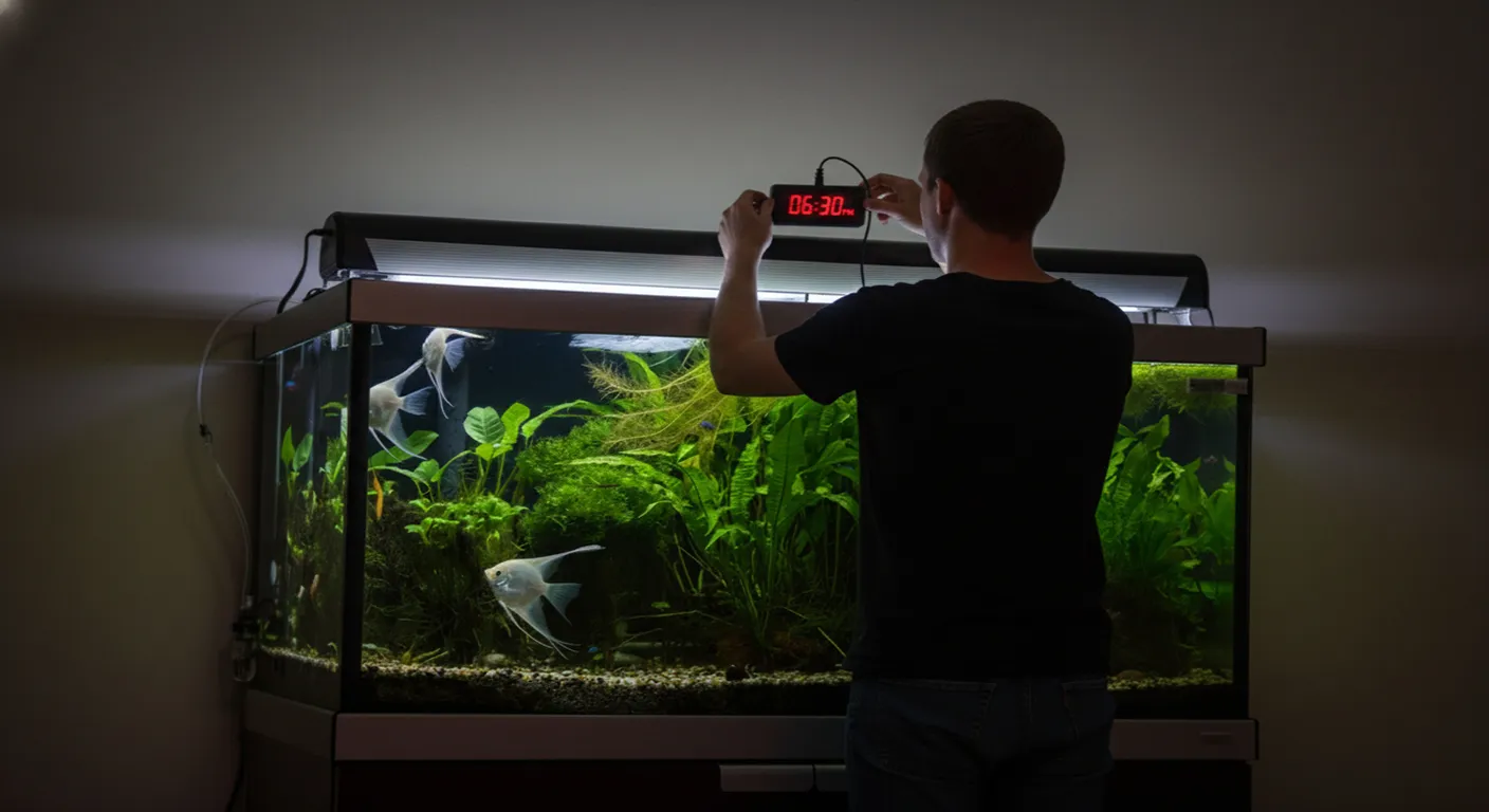 A man is adjust the timer on aquarium light for his fish tank.