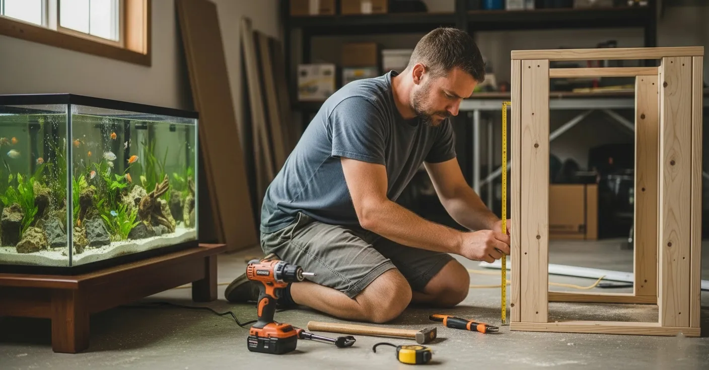 A man is customizing aquairum stand for his fish tank.