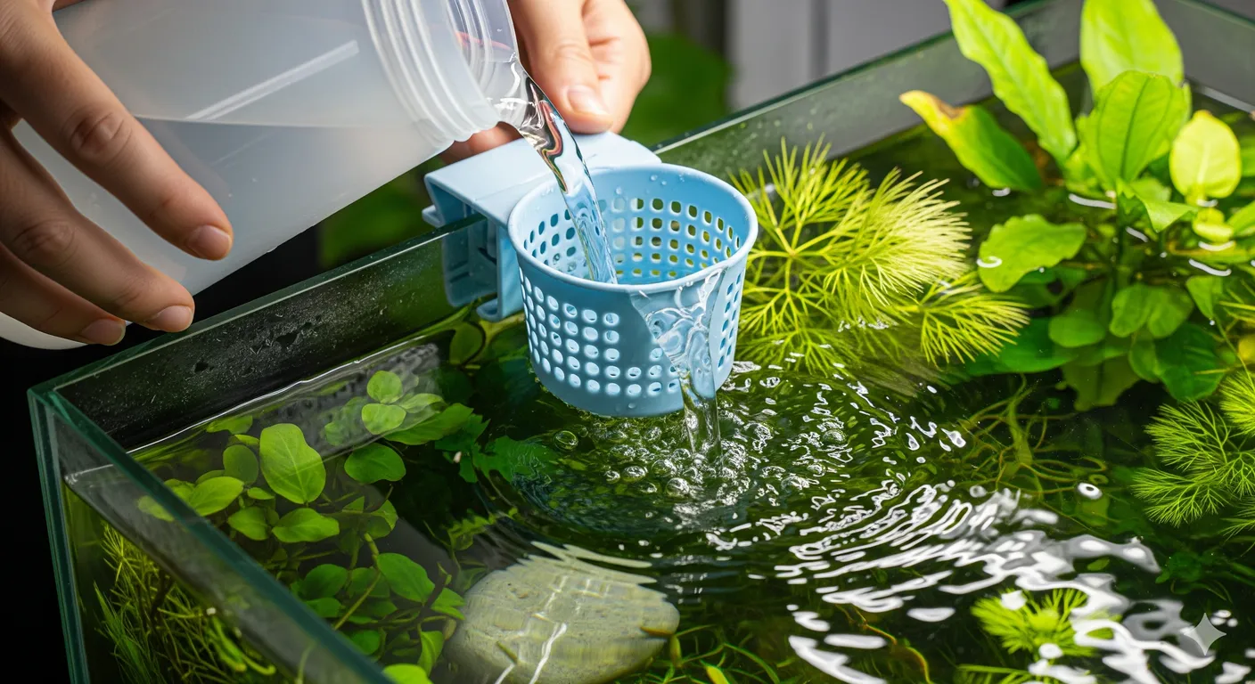 Man is chaning water by a blue tool for his aquarium.