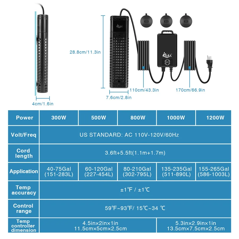 Display the parameters of aquarum heters with 300w to 1200w.
