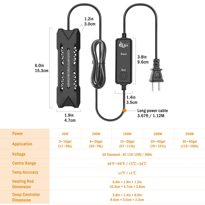 Dispaly parameters of AQQA aquarium heater.