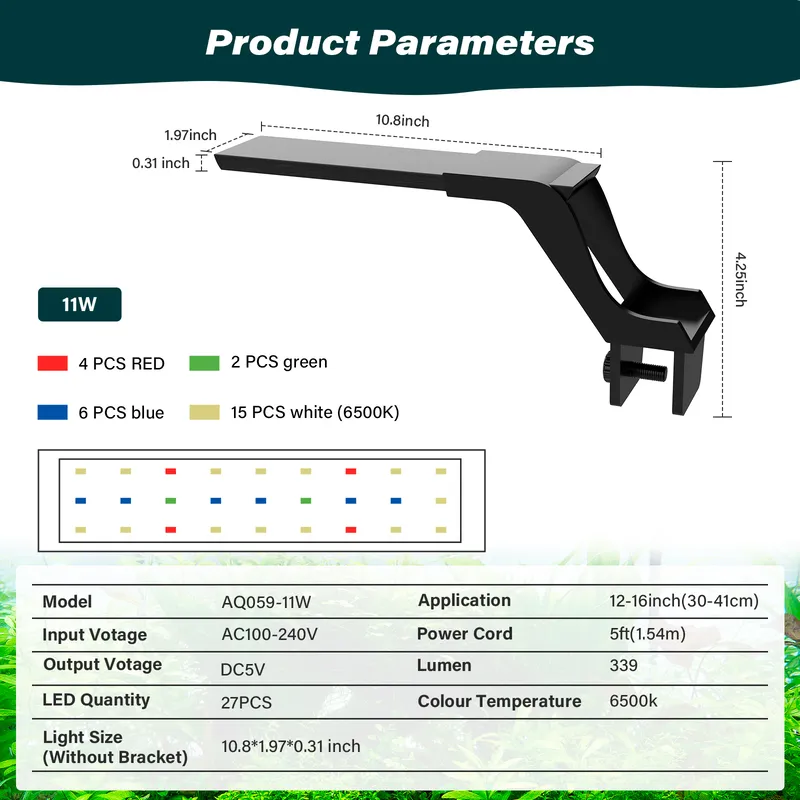 Parameters of 11w Aquarium Light.