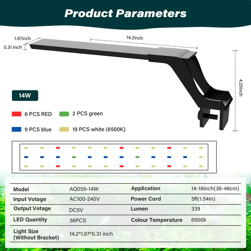 Parameters of 14w Aquarium Light.