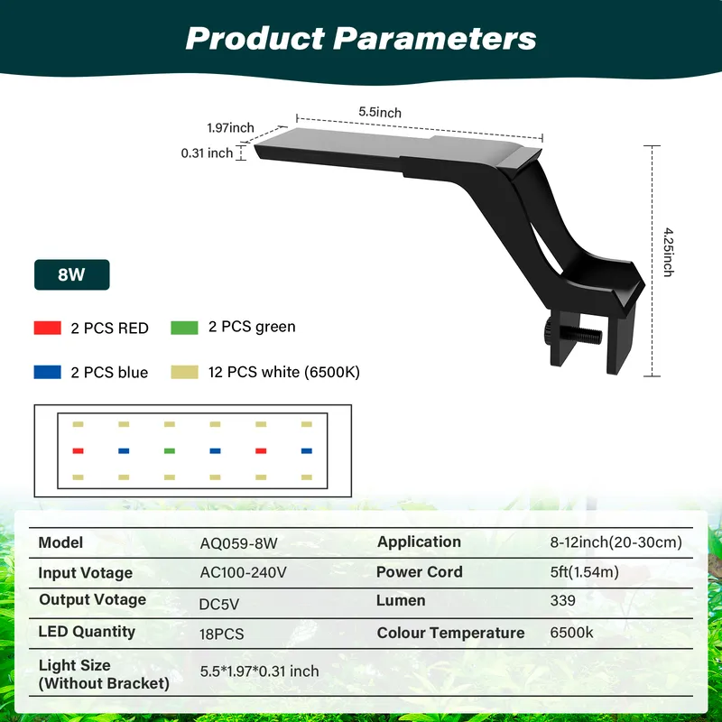 Parameters of 8w Aquarium Light.