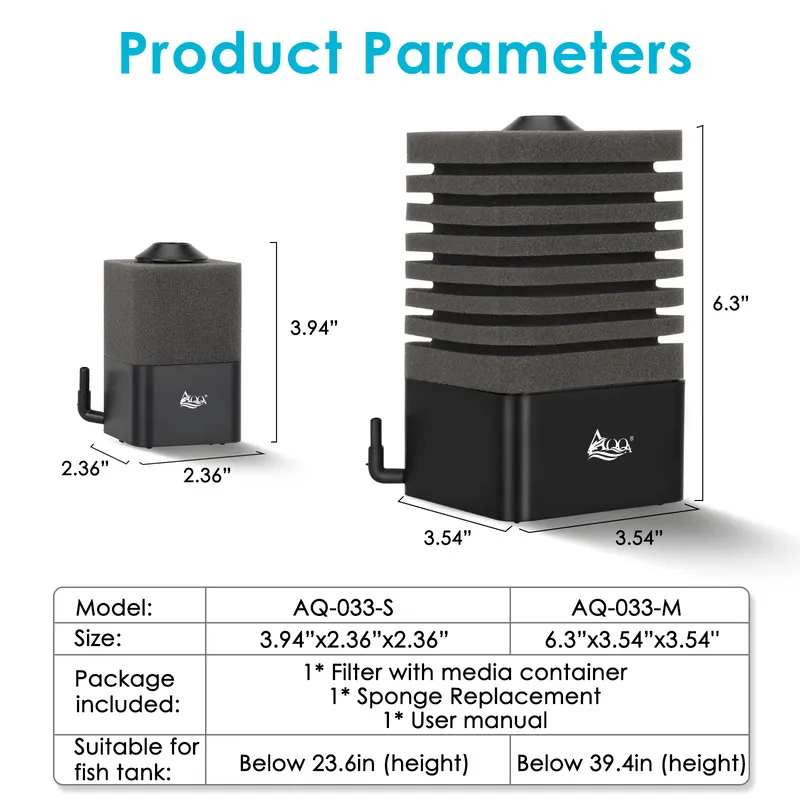 Shows parameters of AQQA Aquarium Sponge Filter AQ033.