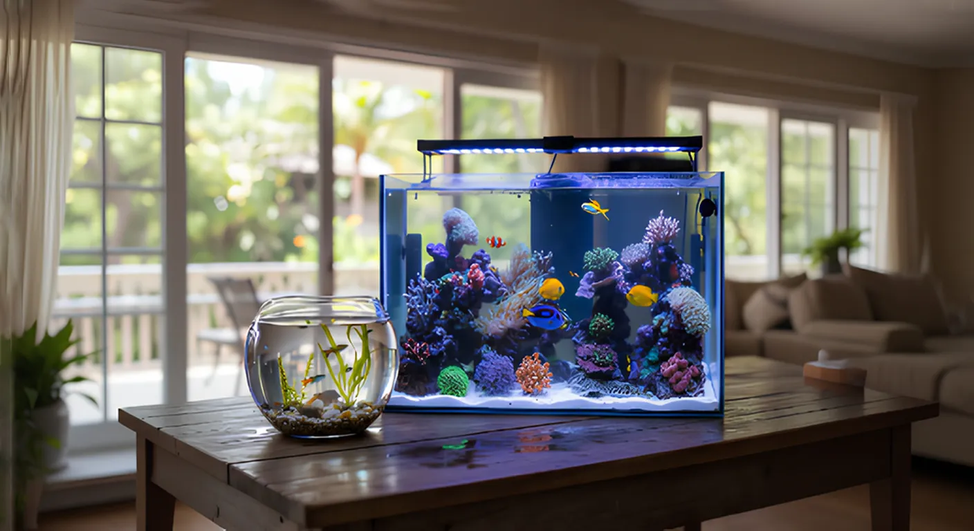 A freshwater fish bowl and a saltwater fish tank are on the table.