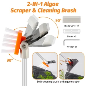 Siphon cleaner equipped with algae scaper & cleaning brush to clean.