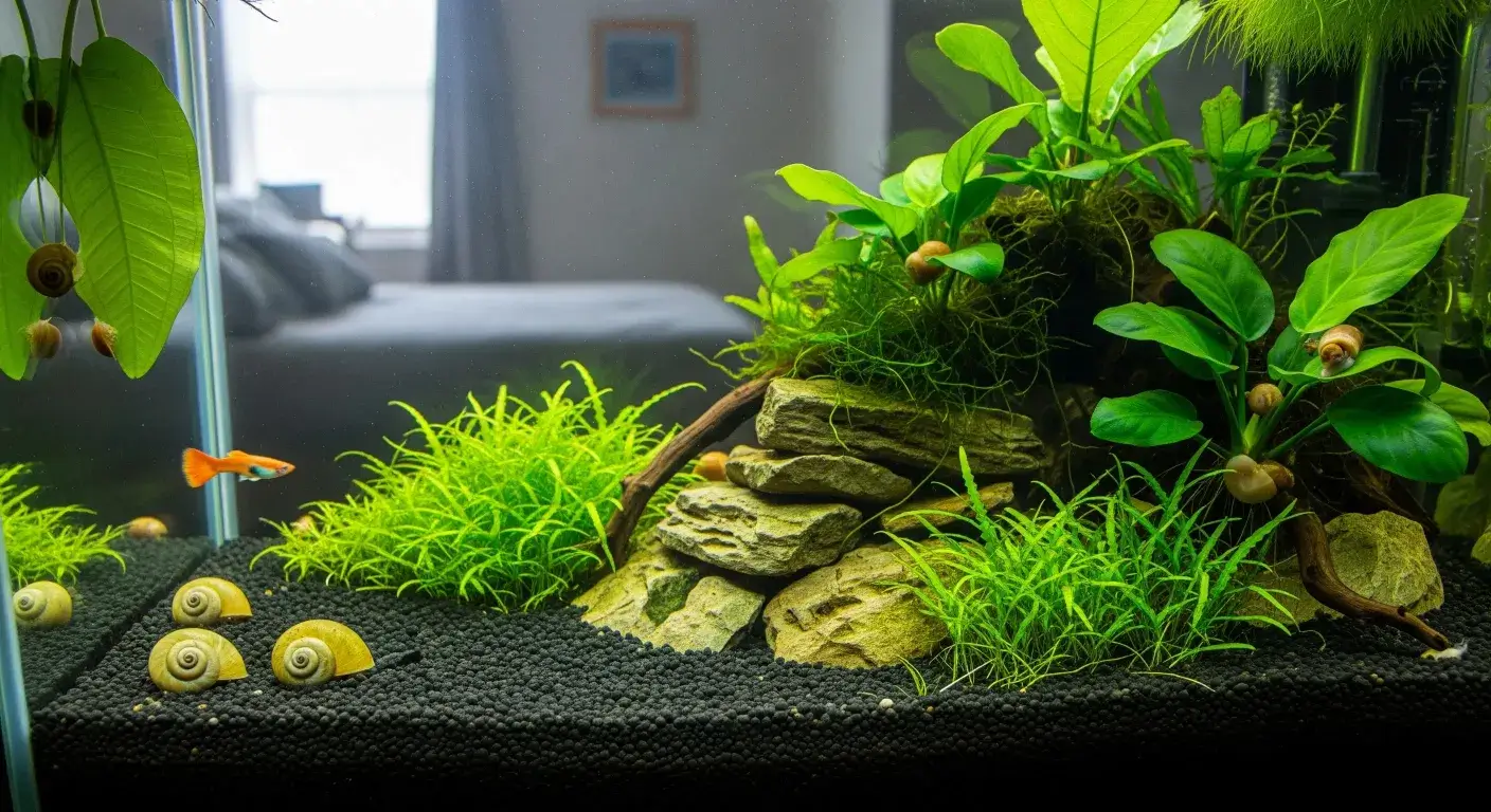 Some snails are staying at the leaves from plants in the aquarium.