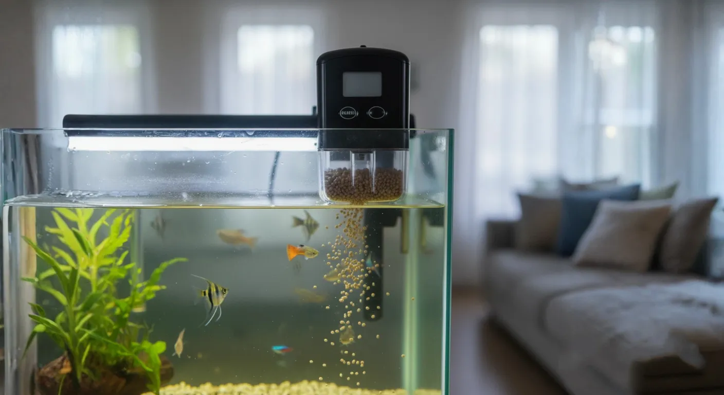 An auto fish feeder is working for feeding.