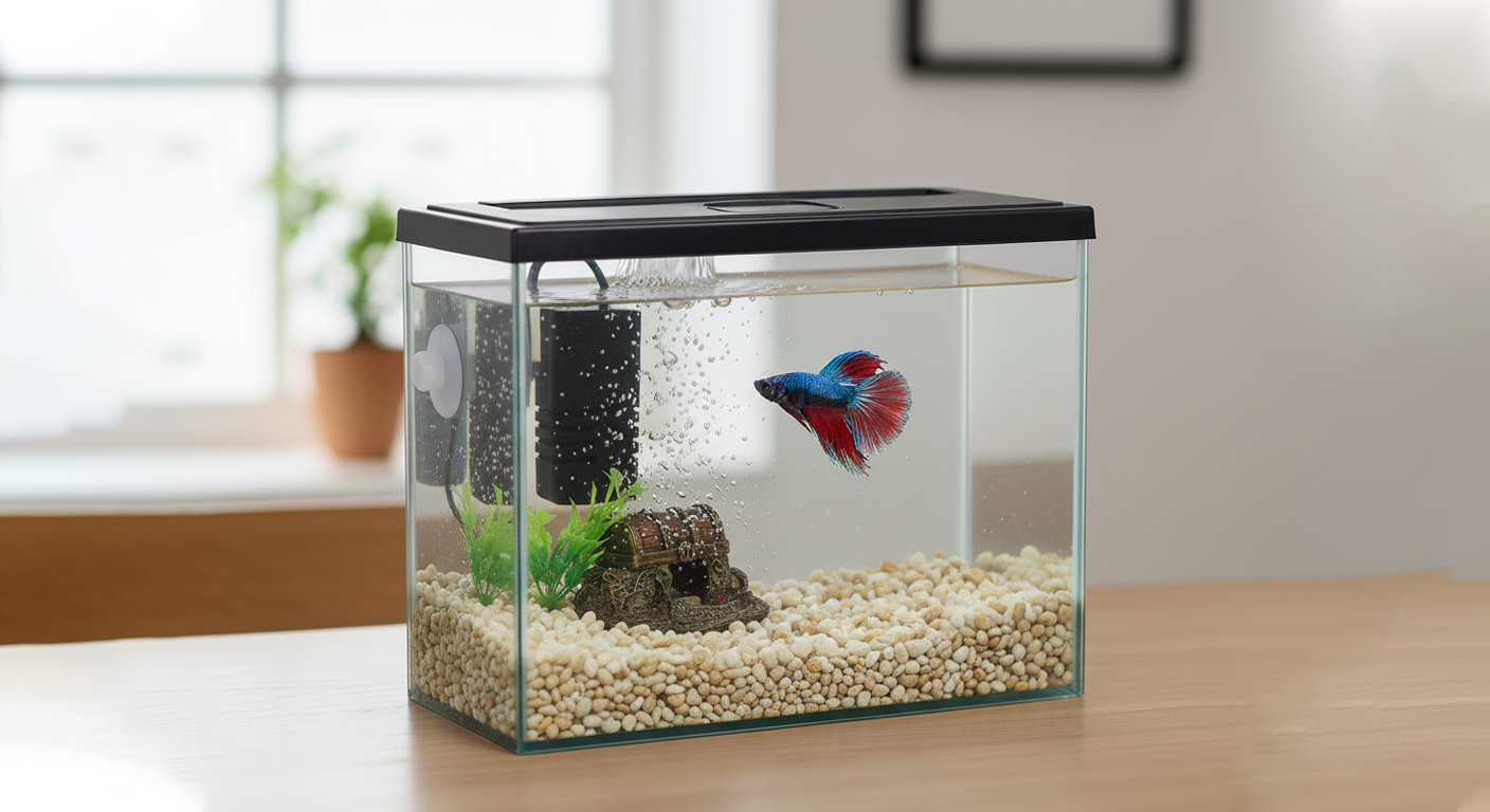 A small freshwater fish tank is on the table.