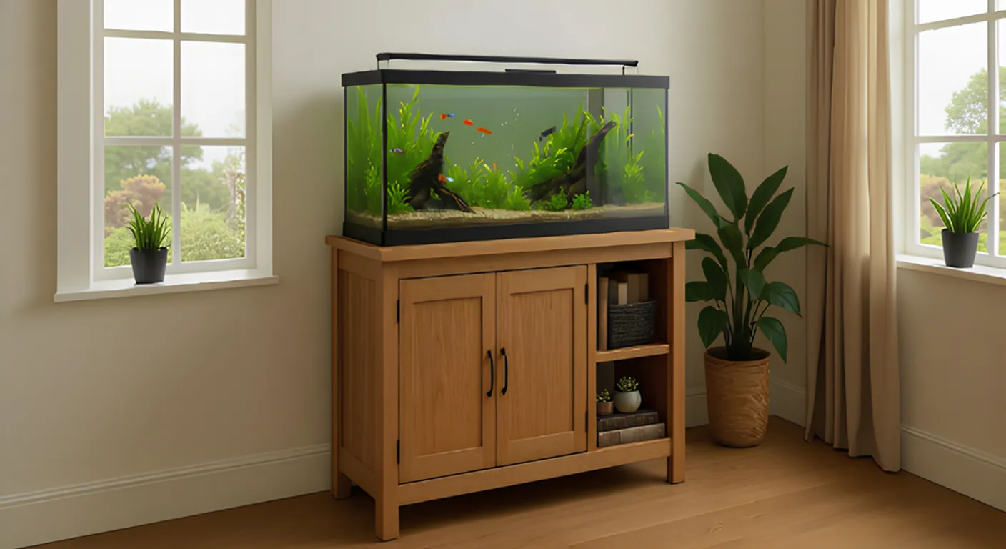 A 55 gallon aquarium is on the stand.