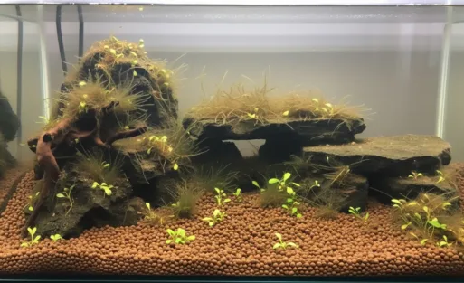 A fish tank with brown algae.