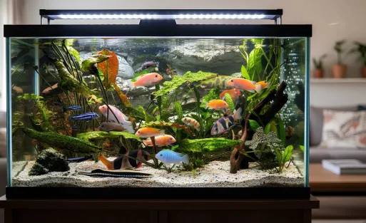 A community tank in the livingroom with different kinds of fish swimming in it