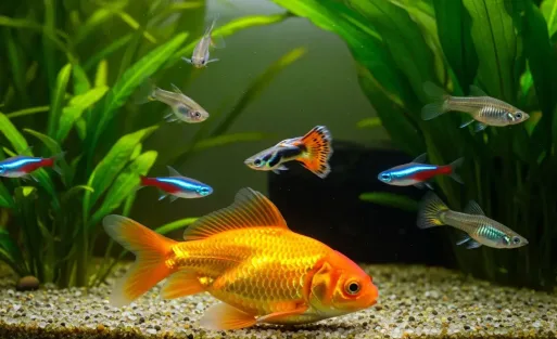A goldfish with other freshwater fish is swimming in the fish tank.