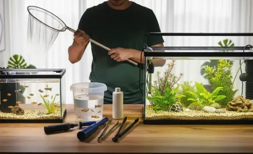A man is upgrading his fish tank by switching fish and stuff to a bigger tank.
