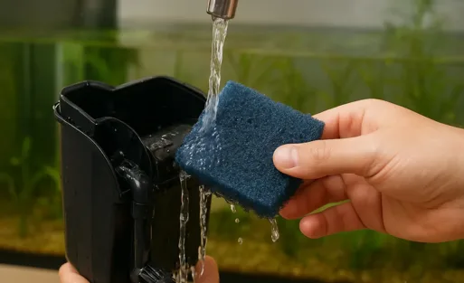 A man is cleaning sponge from aquarium filter.