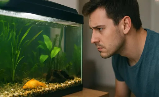 A man is watching a dying fish in the fish tank and wondering why.