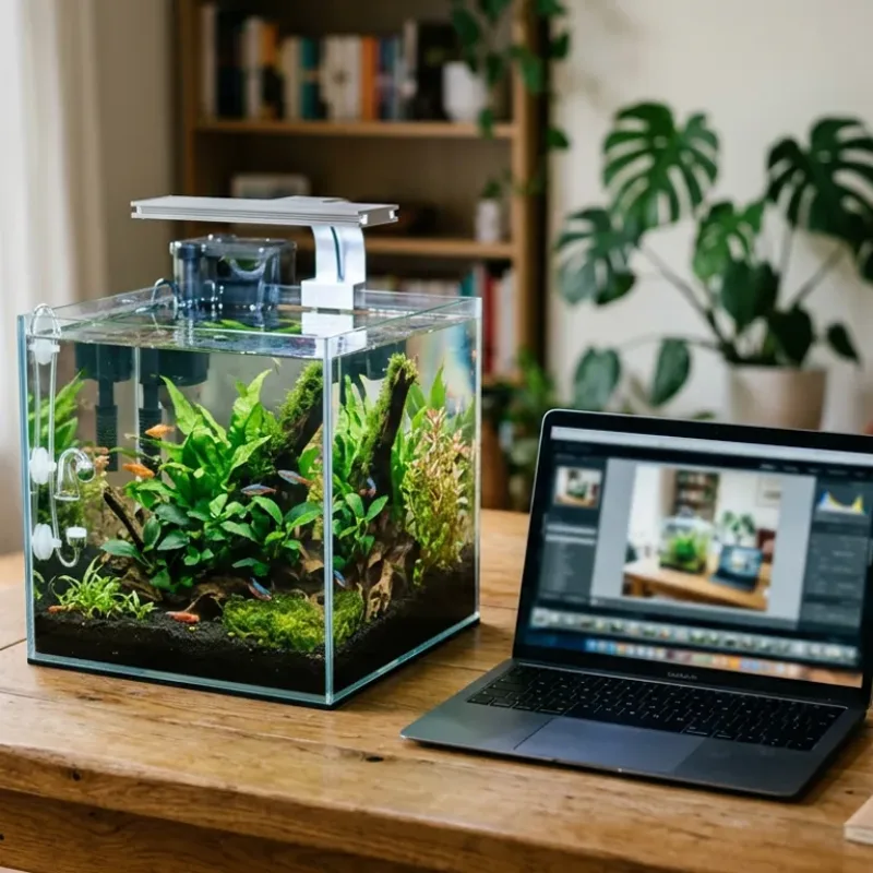 A nano tank and a laptop on the table