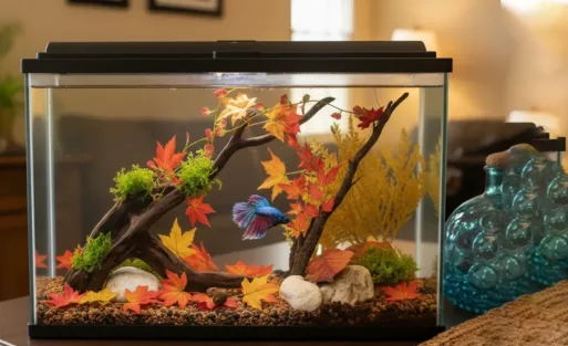 A fish tank decorated with fall leaves and fish swimming in it.