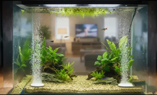 2 air stones are bubbling for a freshwater fish tank.