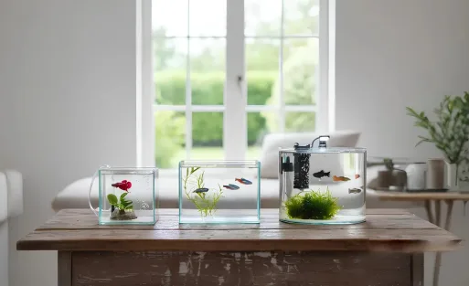 Different sizes of fish tanks on the table.