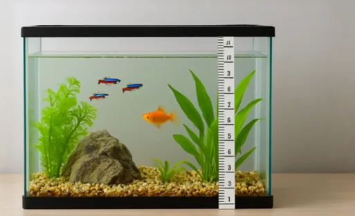 A ruler is used to test the height of the water in the fish tank.