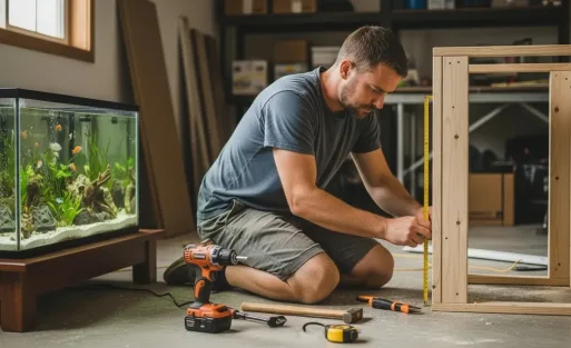 A man is customizing aquairum stand for his fish tank.