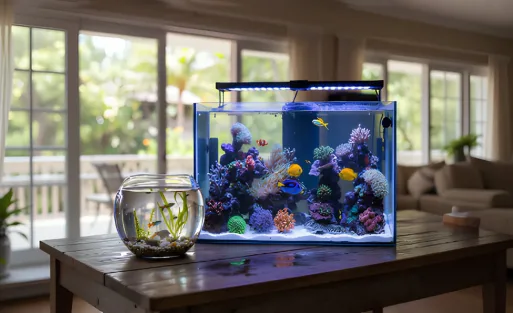 A freshwater fish bowl and a saltwater fish tank are on the table.