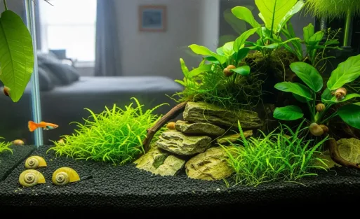 Some snails are staying at the leaves from plants in the aquarium.