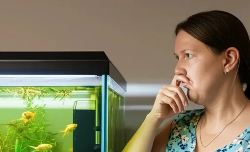 A woman stands next to a fish tank that smells bad, with a distorted expression.