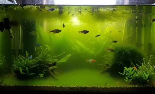 Some fish swimming in the aquarium with green water.