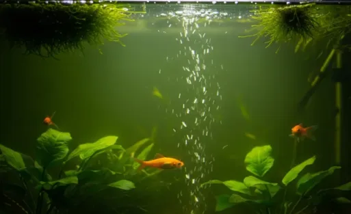 Some fish swimming in the aquarium with green water.