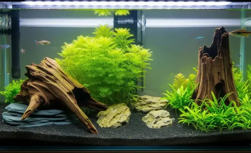 Two brown driftwoods are sinking in the aquairum.