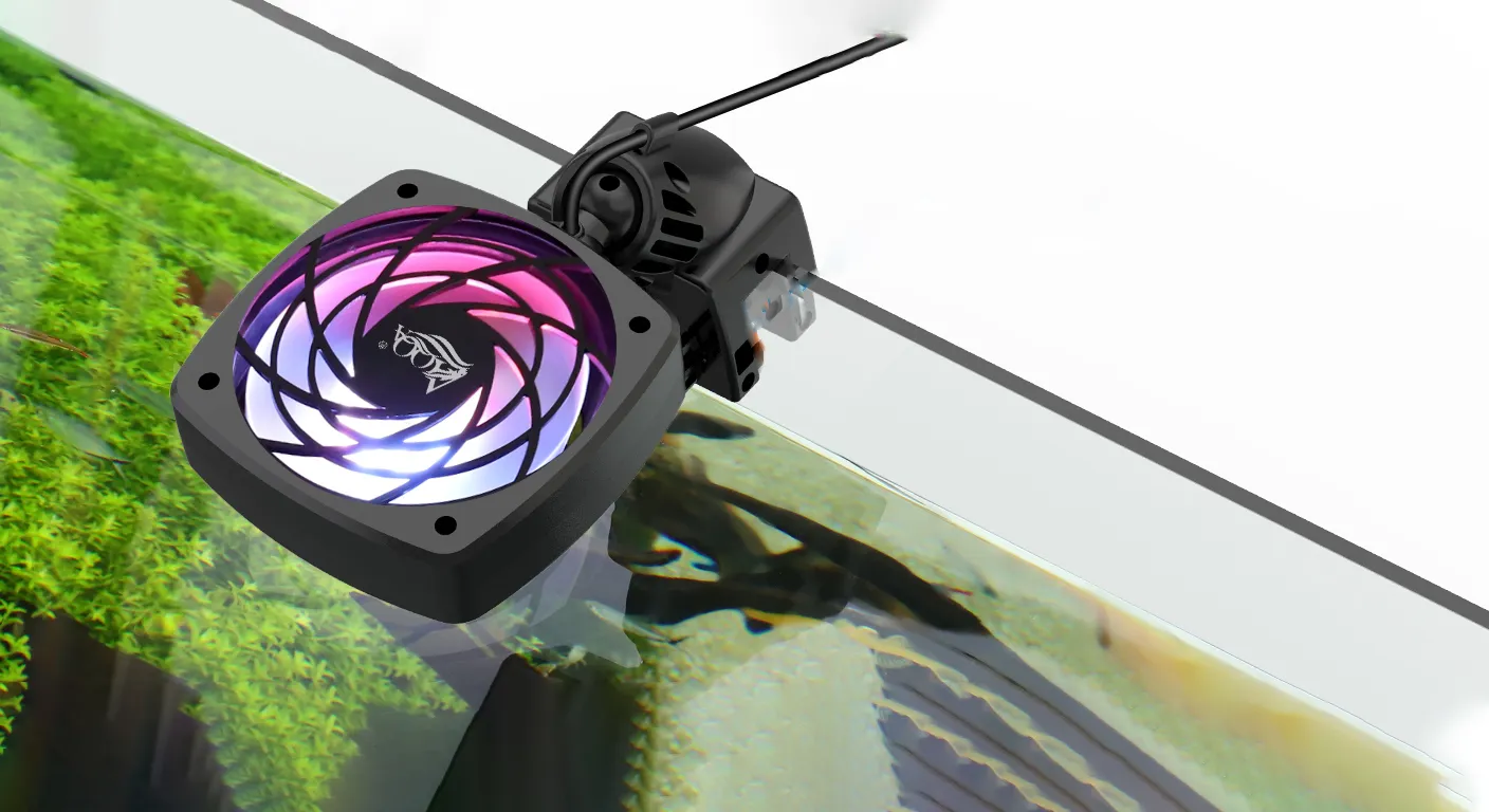 A fan haning on the aquarium wall to cool the fish tank.