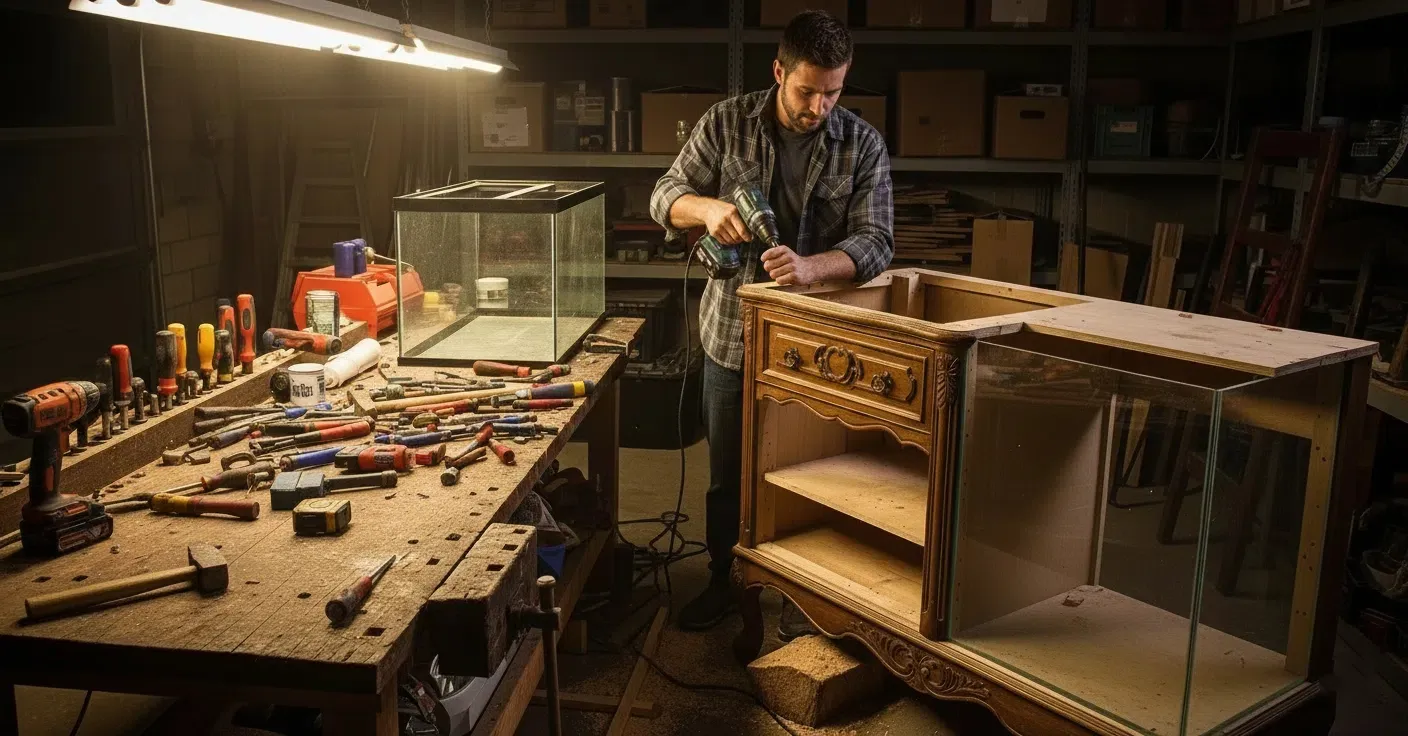 A man is building an aquarium stand by modifying old furniture.